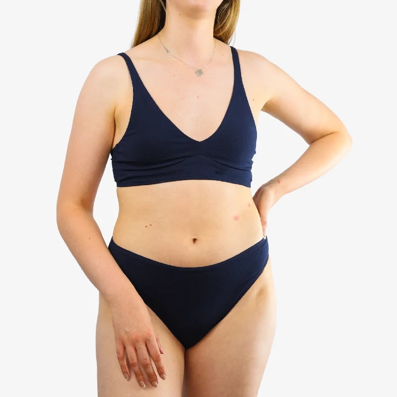 Women's organic cotton matching bralette and mid-rise bikini set - Navy blue Glitter bikini, Sparkly, Glamorous, Fashionable