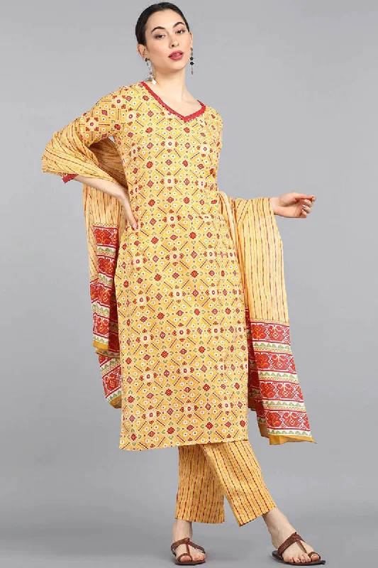Women's Yellow Pink Ethnic Motifs Printed Pure Cotton Kurta With Pants Dupatta - Ahika Stretch Fit Pants