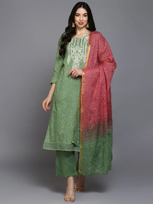 Women's Cotton Green Embroidered Straight Kurta Pant With Dupatta - Ahika Casual Lounge Pants