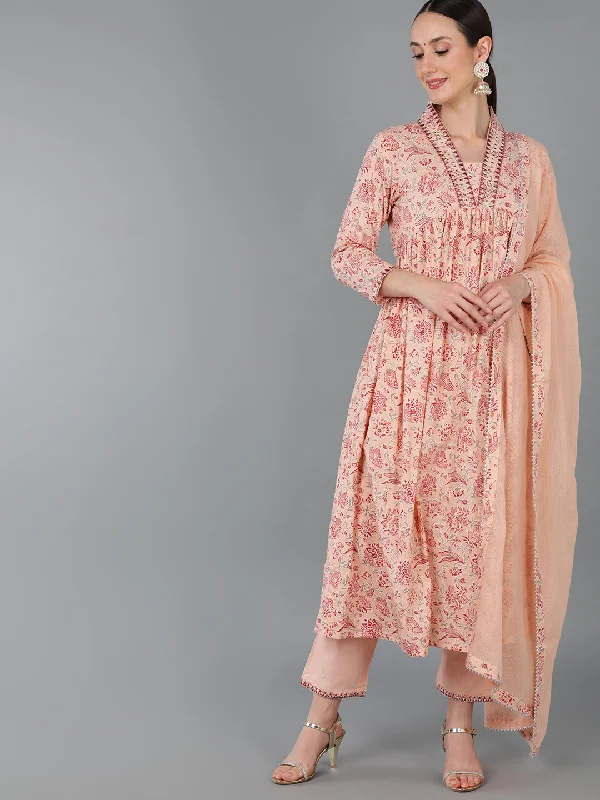 Women's Cotton Floral Printed Kurta Pant With Dupatta - Ahika Soft Stretch Pants