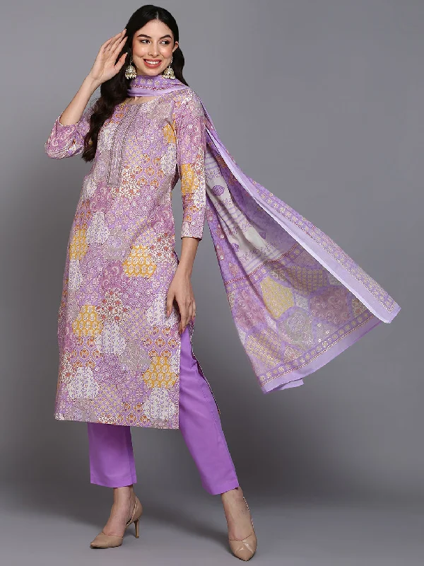 Women's Cotton Lavender Printed Straight Kurta Pant With Dupatta - Ahika Comfortable Jogger Trousers