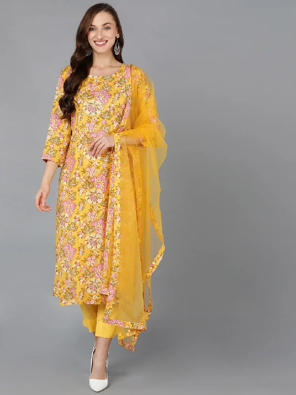 Women's Cotton Blend Floral Printed Kurta Pant With Dupatta - Ahika Relaxed Lounge Trousers