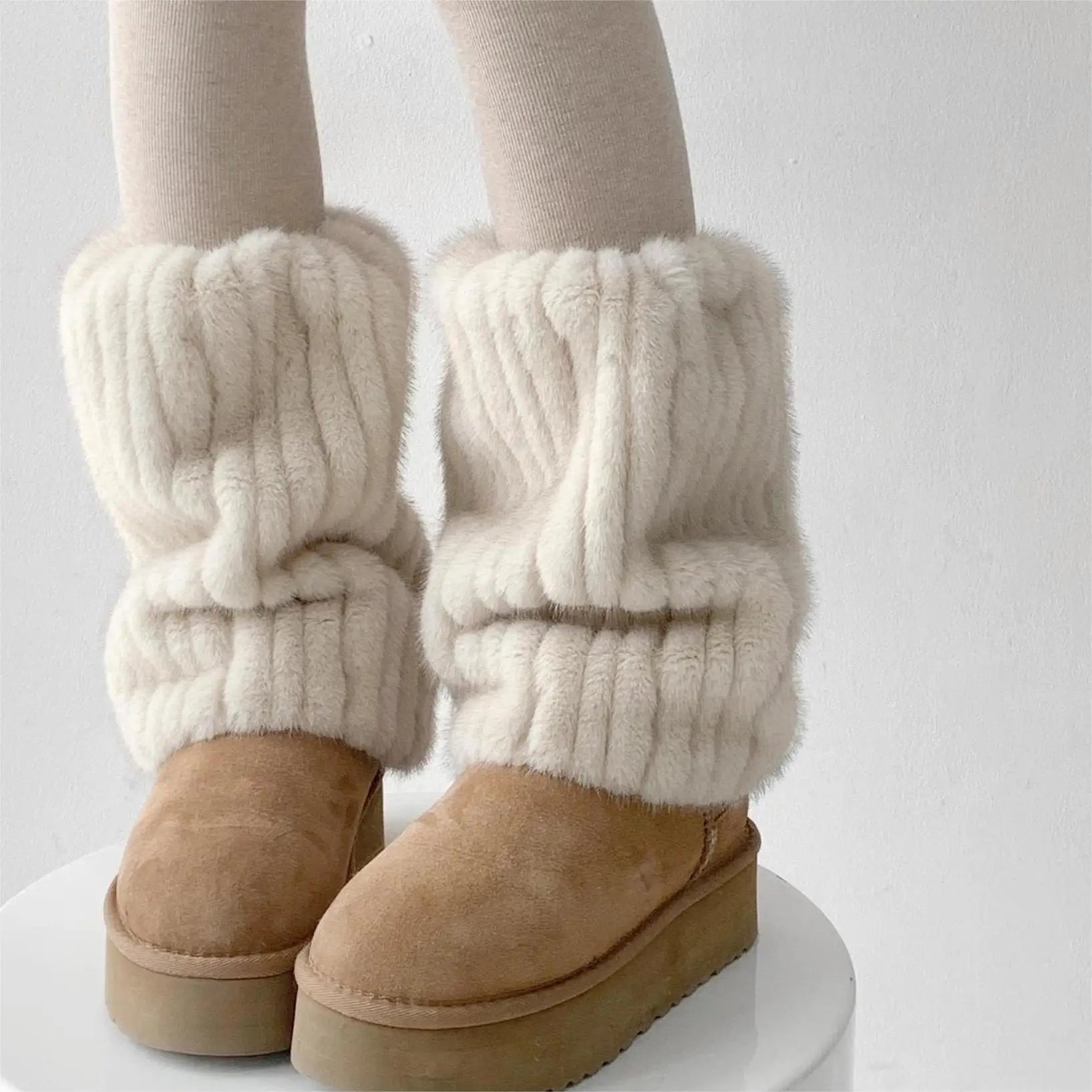 Sohiwoo Women Thickened Imitation Mink Fur Plush Leg Warmers Boots Cover Warm Leggings Boots Mid Length Socks Harajuku Party Accessories Fashionable Tummy Control Leggings