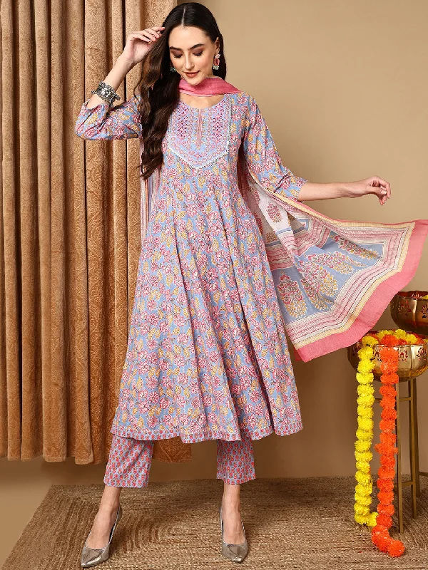 Women's Blue Pure Cotton Floral Printed Yoke Design Kurta Pant With Dupatta  - Ahika Fashionable Sporty Pants