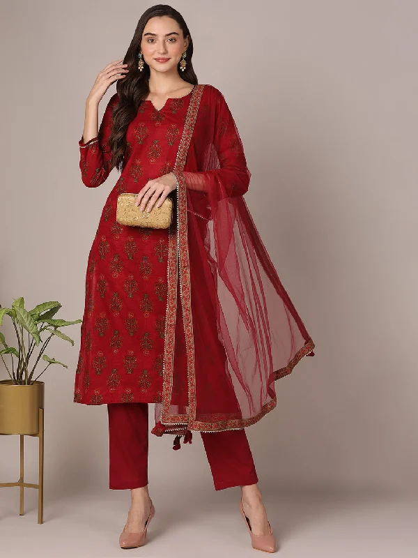 Women's Maroon Pure Cotton Ethnic Motifs Printed Straight Kurta Pant With Dupatta - Ahika Trendy Tapered Pants