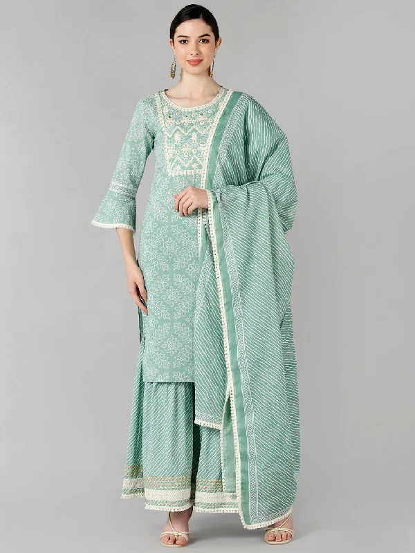 Women's Cotton Printed Kurta Pant Dupatta Set - Ahika Comfortable Pleated Pants