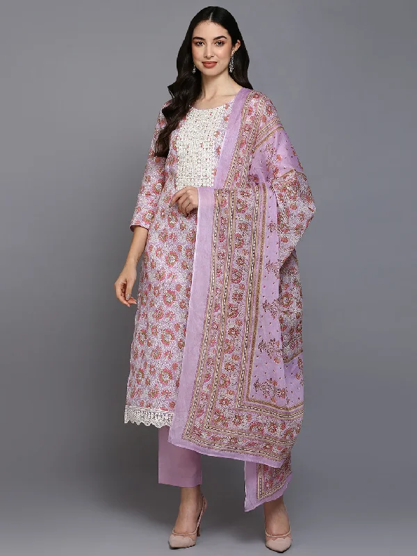 Women's Cotton Blend Lavender Printed Straight Kurta Pant With Dupatta - Ahika Relaxed Fit Trousers