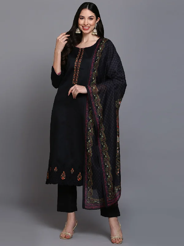 Women's Cotton Black Embroidered Straight Kurta Pant With Dupatta - Ahika Formal Slim Pants