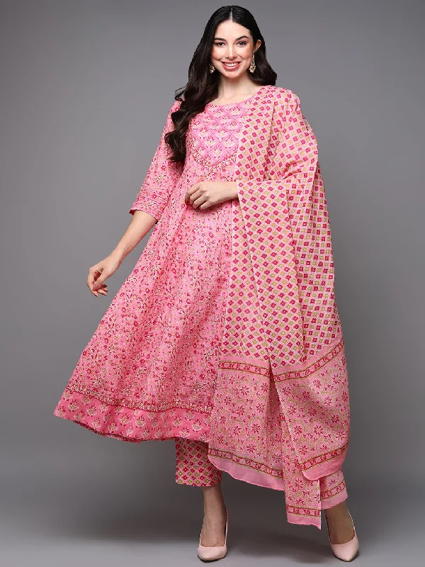 Women's Cotton Pink Ethnic Printed Flared Kurta Pant With Dupatta - Ahika Fashionable Tapered Leg Pants