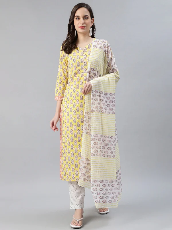 Women's Cotton Printed Kurta Pant Dupatta Set - Ahika Formal Slim Pants