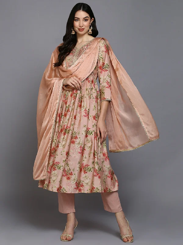 Women's Silk Blend Floral Printed Flared Kurta Pant With Dupatta - Ahika Comfortable Maternity Pants