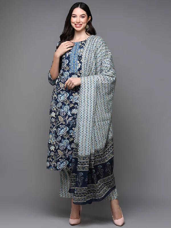 Women's Cotton Navy Blue Floral Printed Straight Kurta Pant With Dupatta - Ahika Casual Track Pants