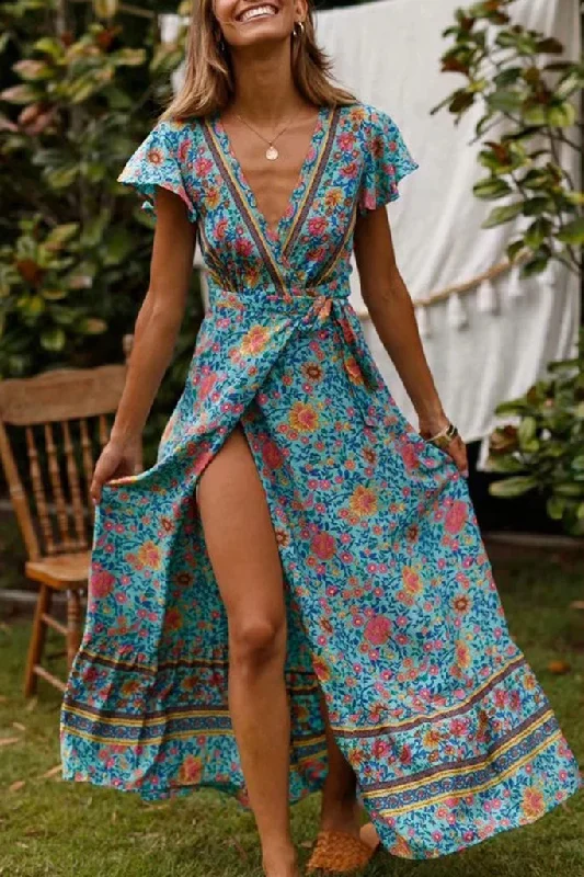 Ruffle Sleeve Waist Belted Slit Fit&Flare Dress Tunics Vintage classic