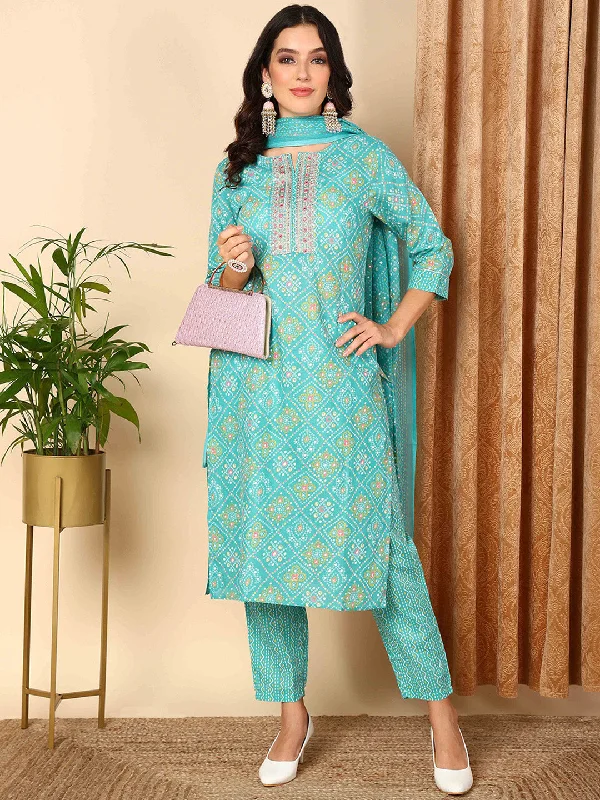 Women's Turquoise Blue Pure Cotton Bandhani Printed Straight Kurta  Pant With Dupatta - Ahika Cozy Jogger Leggings