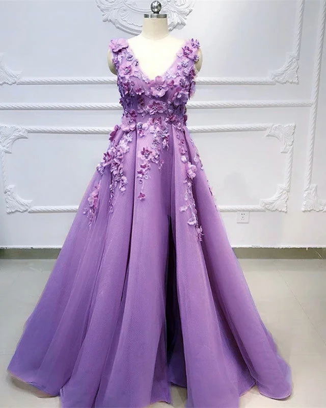 Lace Flowers Embroidery Prom Dresses Tulle Split Tunics Bridal satin