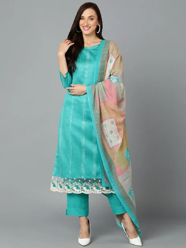 Women's Silk Blend Aqua Blue Straight Kurta Pant With Dupatta  - Ahika Formal Linen Trousers