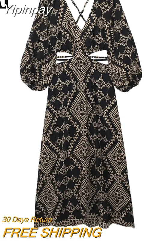 Yipinpay Cut Out Black Long Dress Women Embroidery Backless Dress Woman Puff Sleeve Vintage Gothic Dress 2023 Midi Summer Dresses Turtleneck Warm Winter