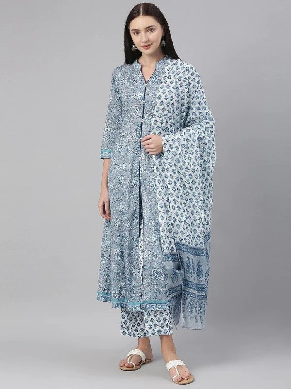 Women's Cotton Grey Floral Printed A-Line Kurta Pant Dupatta Set - Ahika Stylish Elastic Waist Pants