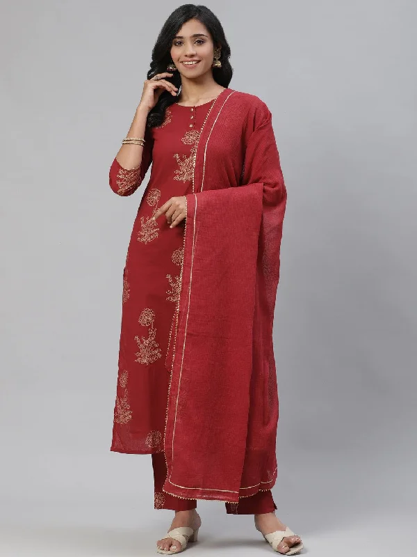 Women's Cotton Printed Kurta Pant Dupatta Set - Ahika Classic Bootcut Trousers