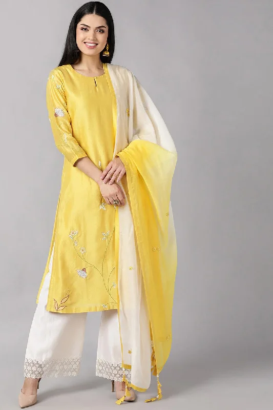 Women's Yellow Ethnic Motifs Embroidered Thread Work Kurta With Pants Dupatta - Ahika Trendy Palazzo Pants