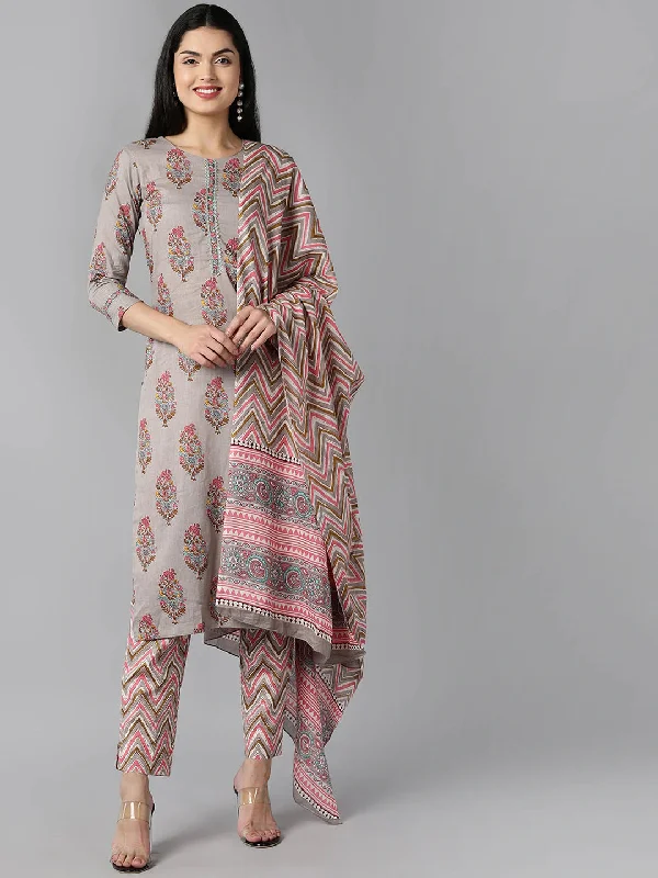 Women's Grey Ethnic Motifs Printed Regular Pure Cotton Kurta With Pants With Dupatta - Ahika Formal Dress Pants