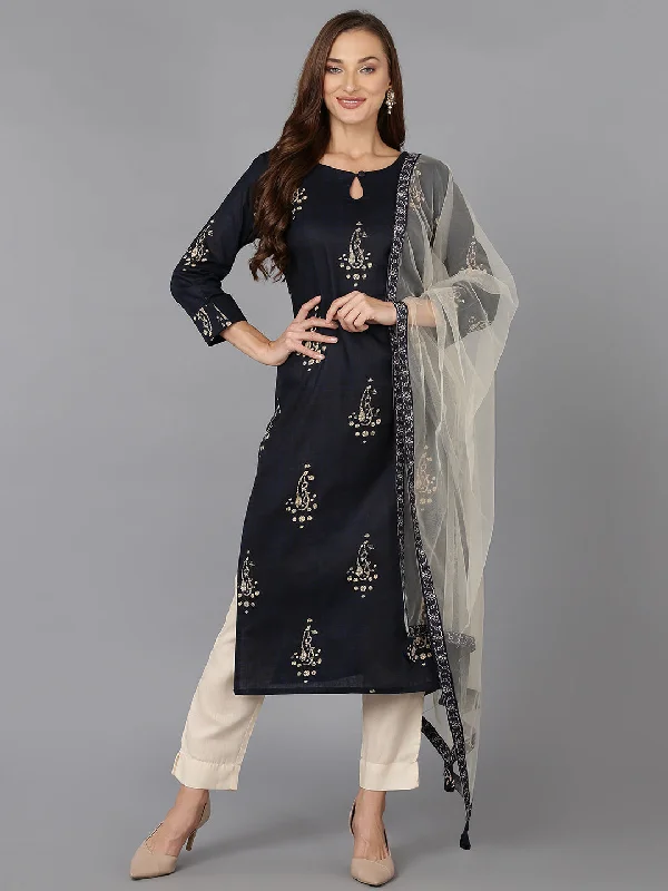 Women's Cotton Blend Navy Blue Straight Kurta Pant With Dupatta - Ahika Relaxed Fit Trousers