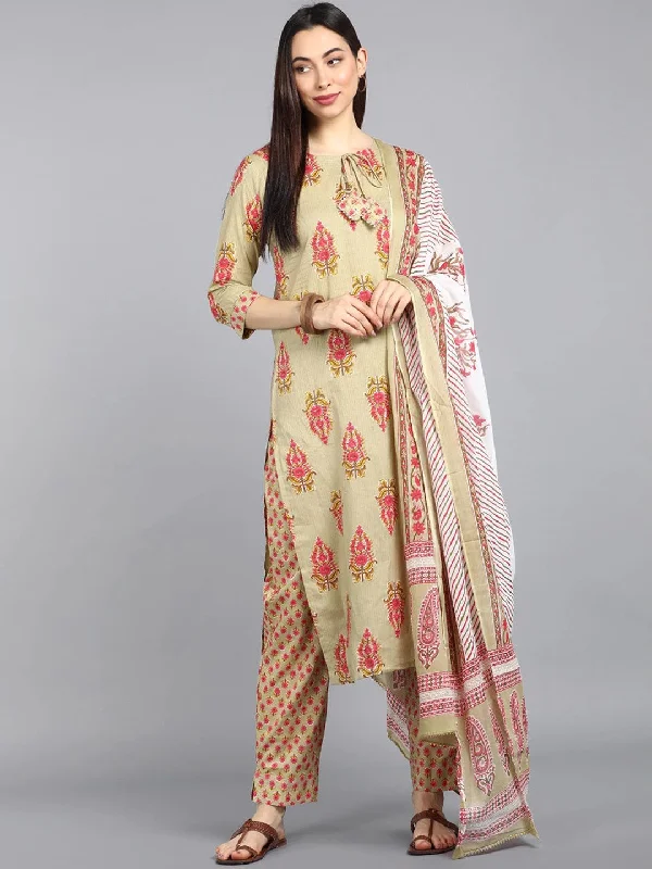Women's Green Floral Printed Regular Pure Cotton Kurta With Pants With Dupatta - Ahika High-Waist Jogger Pants