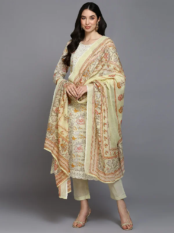 Women's Cotton Blend Lime Green Floral Printed Kurta Pant With Dupatta - Ahika Formal Dress Pants