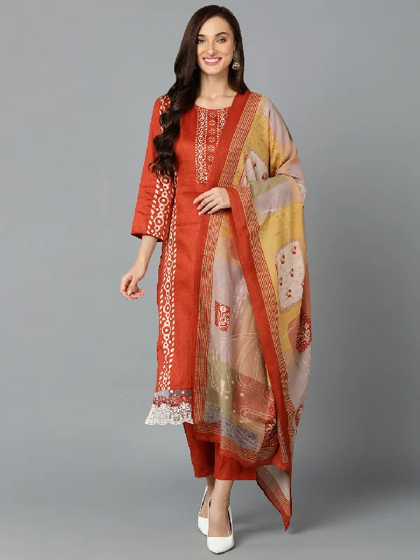 Women's Silk Blend Rust Printed Straight Kurta Pant With Dupatta  - Ahika Elegant Silk Pants