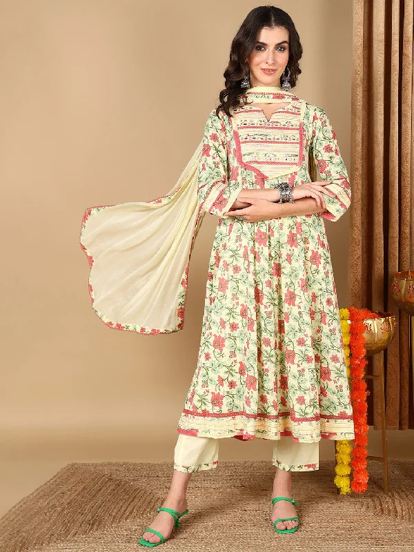 Women's Yellow Pure Cotton Floral Printed Yoke Design Kurta Pant With Dupatta  - Ahika Casual Skinny Fit Pants
