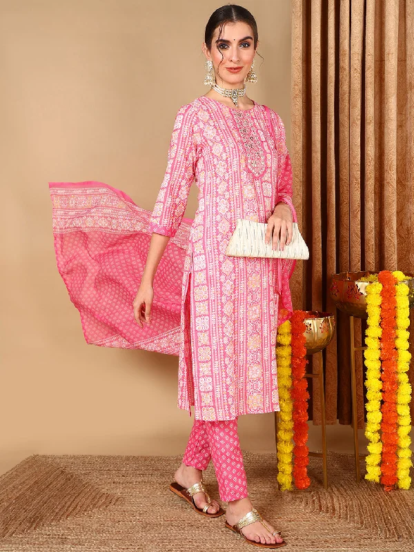 Women's Pink Pure Cotton Ethnic Motifs Printed Embroidered Kurta Pant With Dupatta  - Ahika Comfortable Fleece Pants