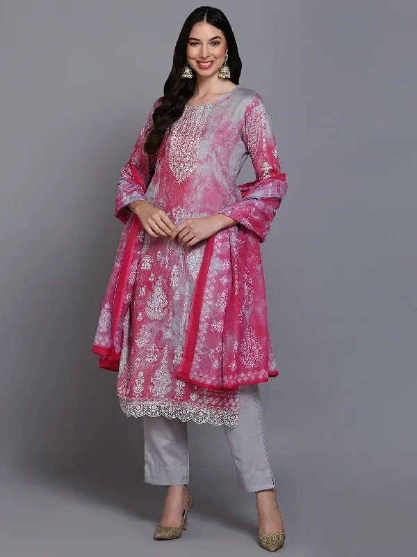 Women's Cotton Grey Printed Straight Kurta Pant With Dupatta - Ahika Trendy Work Pants