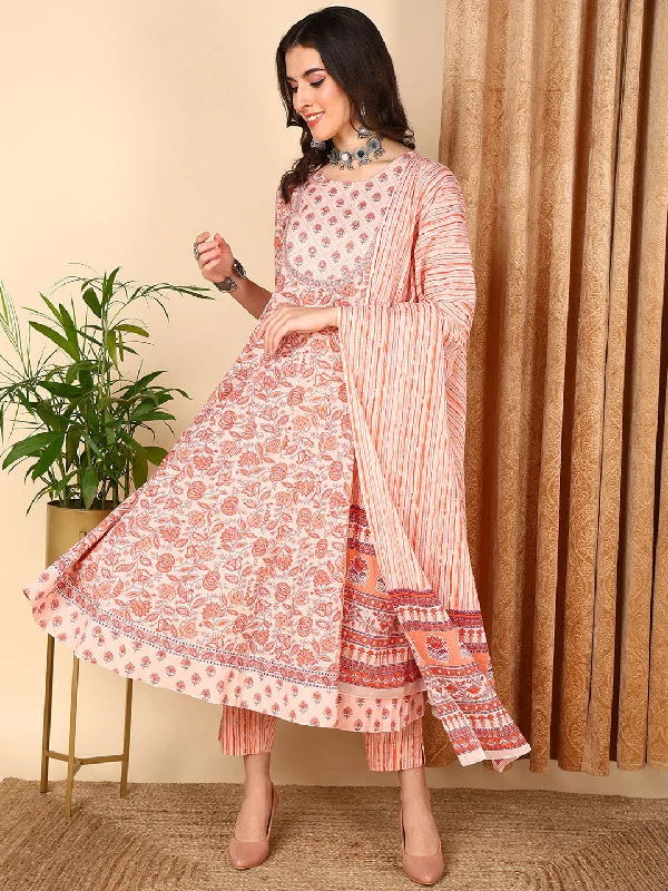 Women's Peach Pure Cotton Floral Printd Yoke Design Kurta Pant With Dupatta  - Ahika Formal Slim Pants
