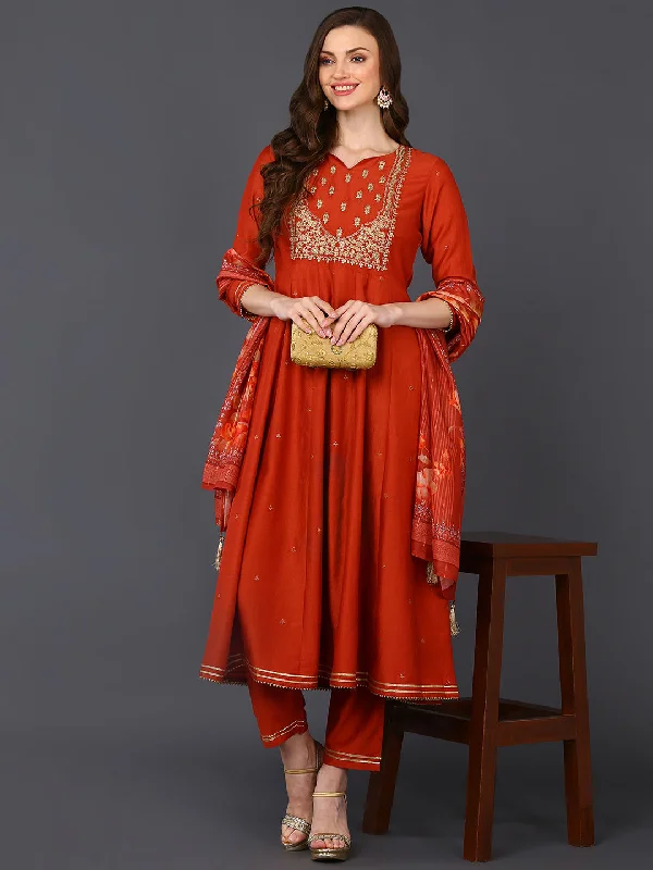 Women's Cotton Rust Orange Embroidered Flared Kurta Pant With Dupatta - Ahika High-Waist Jogger Pants