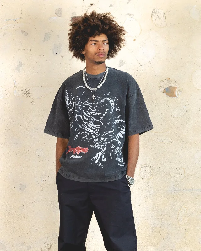404 Dragon Vintage T-Shirt Vintage Charcoal-- Hooded Caped Shawl Collar