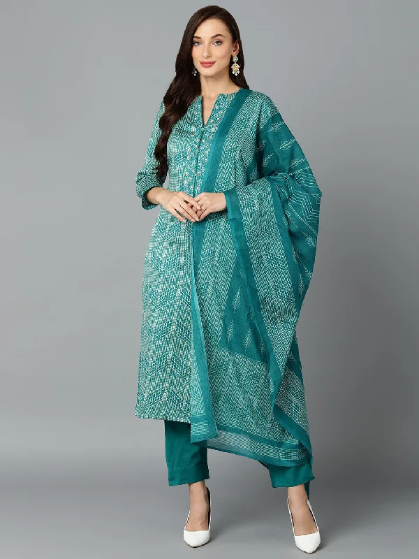Women's Silk Blend Rama Green Straight Kurta Pant With Dupatta  - Ahika Stylish Elastic Waist Pants