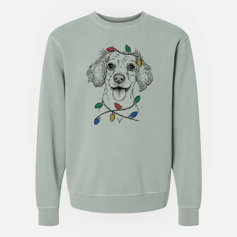 Christmas Lights Piglet the Dachshund Mix - Unisex Pigment Dyed Crew Sweatshirt Hoodie with Hem Lace Feminine Delicate
