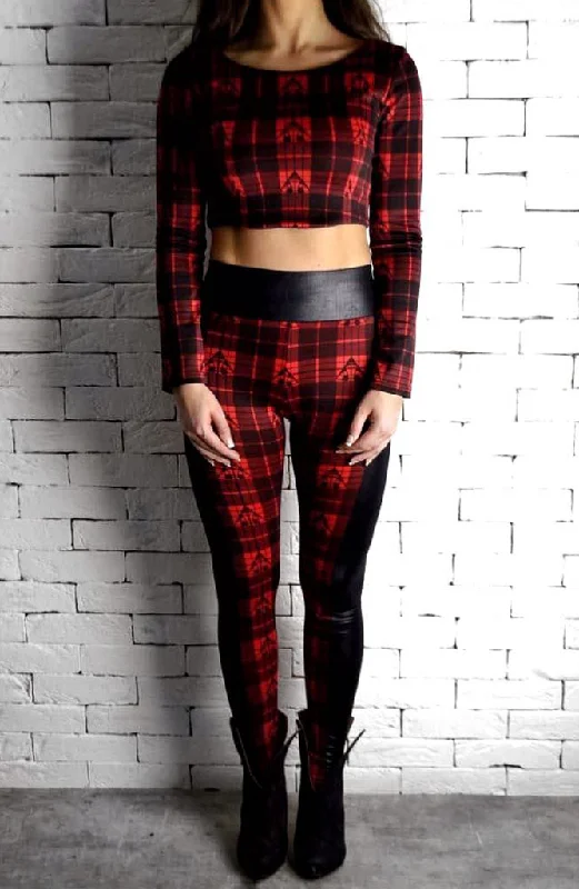 Directional Panel Leggings - Red Tartan Comfortable Printed Workout Leggings
