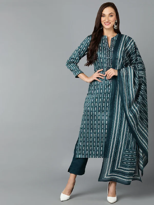 Women's Silk Blend Teal Straight Kurta Pant With Dupatta  - Ahika Cozy Maternity Pants