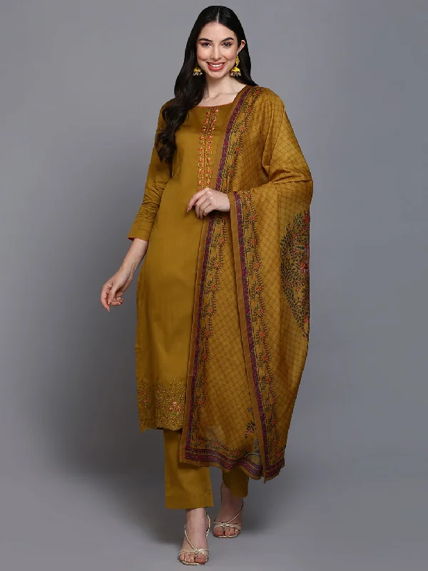 Women's Cotton Olive Embroidered Straight Kurta Pant With Dupatta - Ahika Classic Stretch Pants