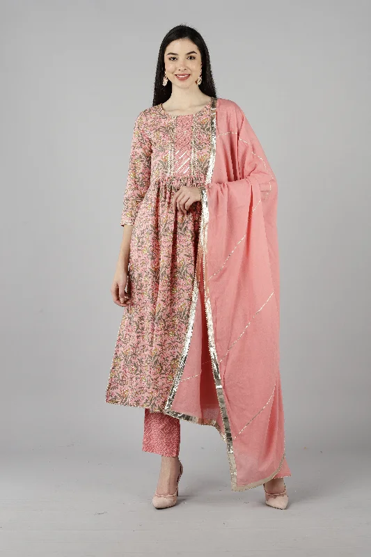 Women's Cotton Printed Kurta Pant Dupatta Set - Ahika Slim-Fit Khaki Pants
