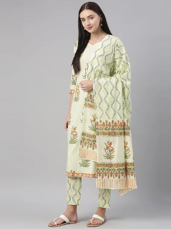 Women's Cotton Printed Kurta Pant Dupatta Set - Ahika Soft Sweatpants Style