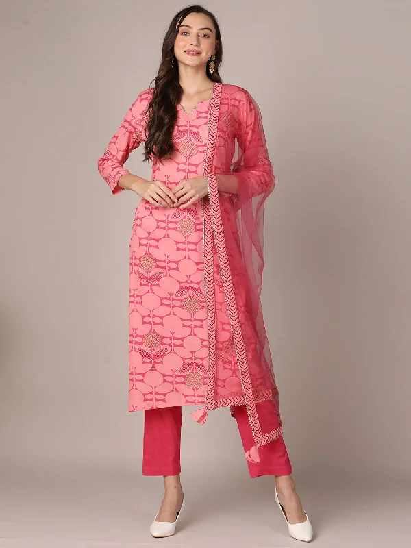 Women's Pink Viscose Rayon Geometric Printed Straight Kurta Pant With Dupatta - Ahika Soft Stretch Leggings