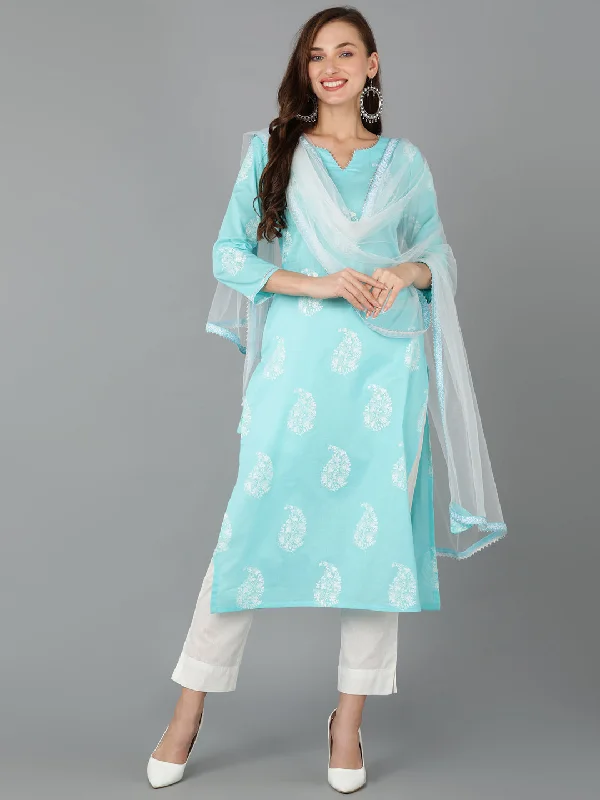 Women's Cotton Blend Printed Paisley Kurta Pants With Dupatta - Ahika Comfortable Wide-Leg Pants