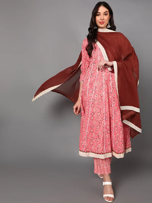 Women's Cotton Printed Kurta Pants Dupatta Set - Ahika Classic Bootcut Trousers