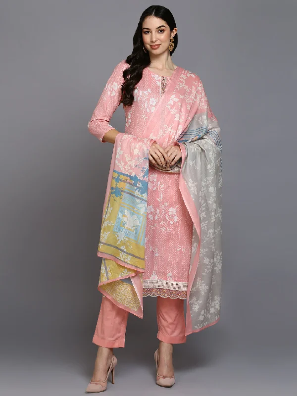 Women's Cotton Blend Peach Printed Straight Kurta Pant With Dupatta - Ahika Stylish Harem Pants