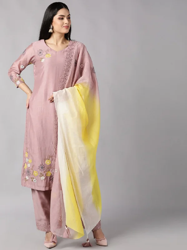 Women's Mauve Yellow Floral Embroidered Regular Kurta With Pants Dupatta - Ahika High-Waist Jeans