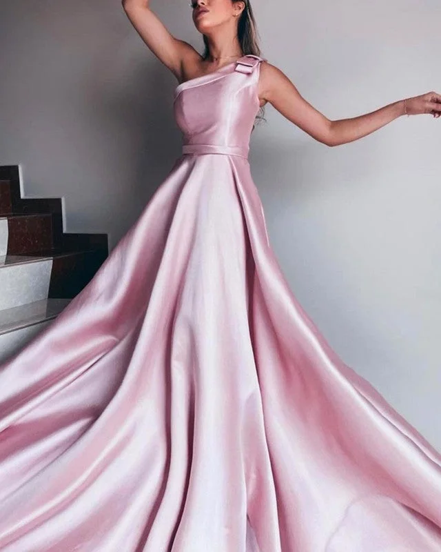 Simple Long Satin Prom Dresses One Shoulder With Bow Tunics Spring floral