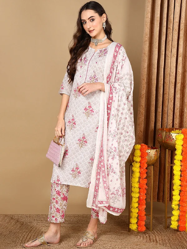 Women's Off White Pure Cotton Ethnic Motifs Printed Kurta Pant With Dupatta  - Ahika Classic Cropped Pants