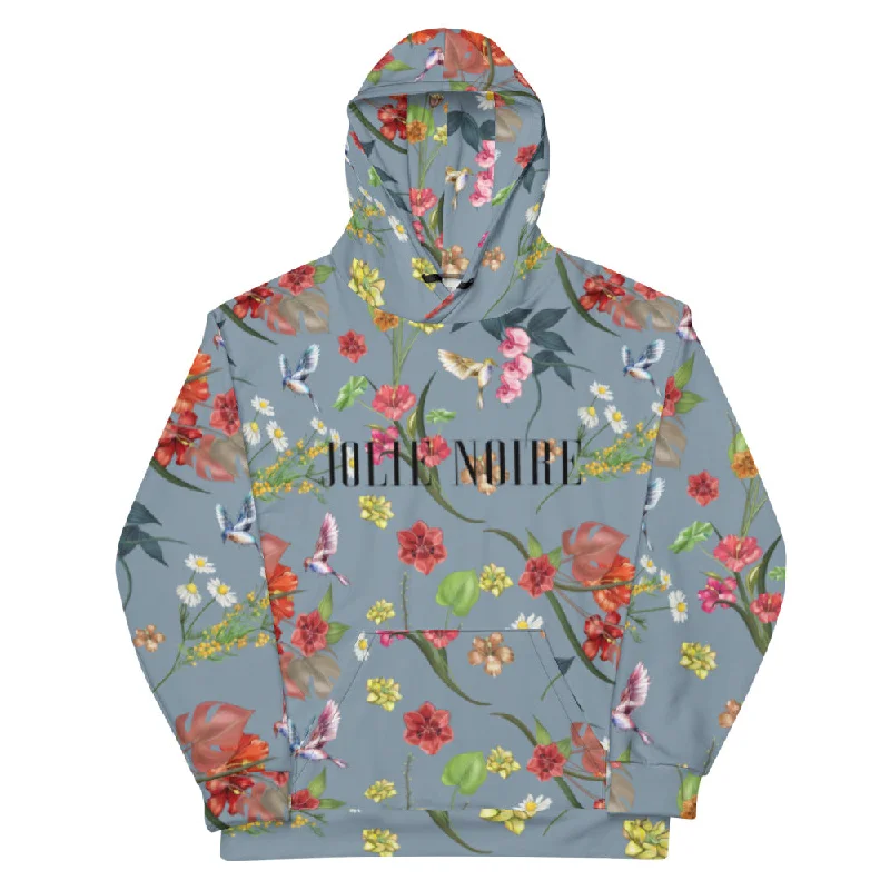 Noire Floral Hoodie- Pigeon Blue Hoodie with Button Classic Timeless